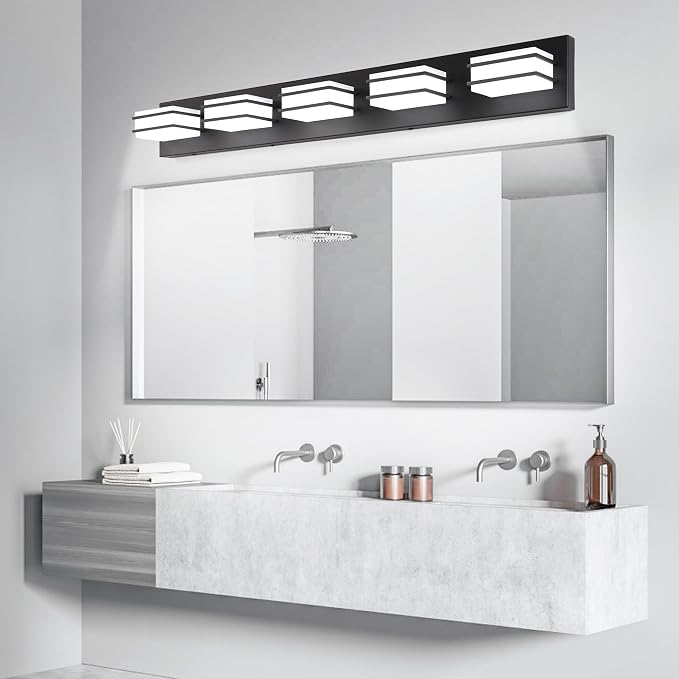 GOODATE 3 Color Temperature Dimmable Vanity Lighting Fixtures, LED Black 5 Light Bathroom Vanity Light Fixtures, Acrylic Stainless Steel Square Shade Vanity Lights for Bathroom, ETL Certificated