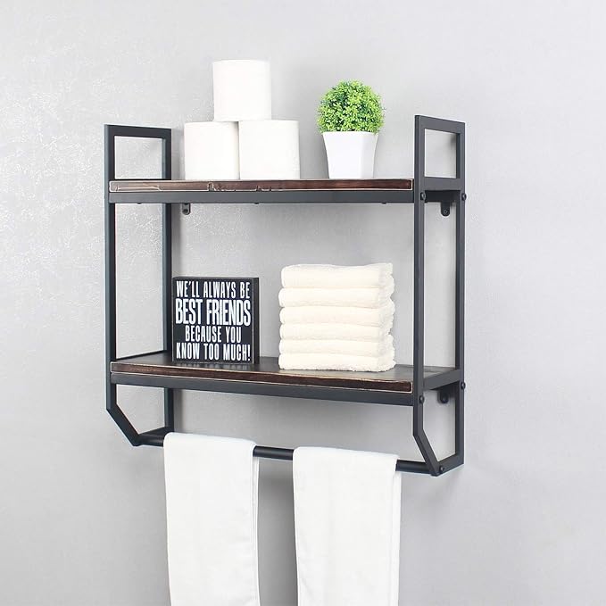 2-Tier Metal Industrial 23.6" Bathroom Shelves Wall Mounted,Rustic Wall Shelf Over Toilet,Towel Rack with Towel Bar,Utility Storage Shelf Rack, Floating Shelves Towel Holder,Retro Black