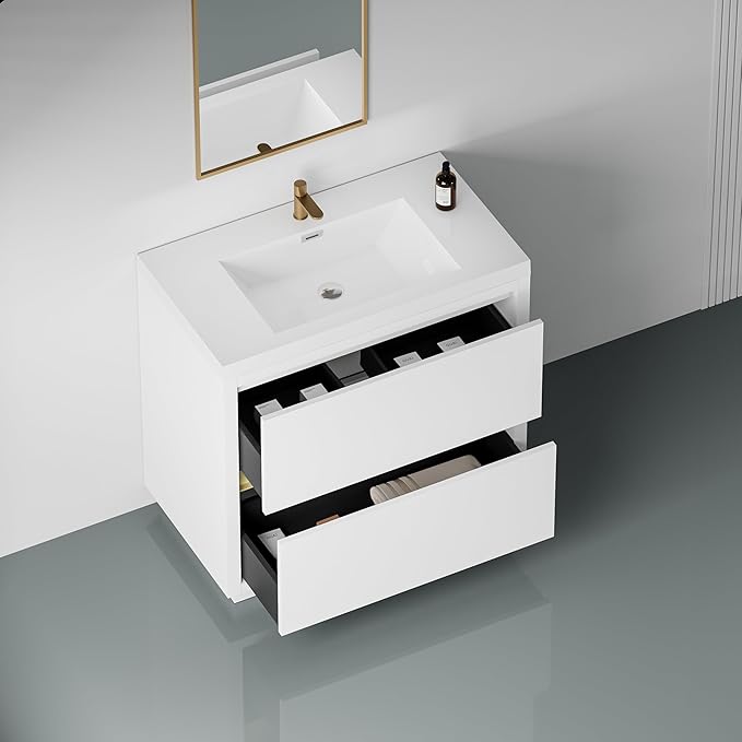 36 Inch Bathroom Vanity with Sink, Single Sink Bathroom Vanity, Freestanding Vanity Bathroom Soft Closed 2 Drawers, Integrated Sink (Glossy White)