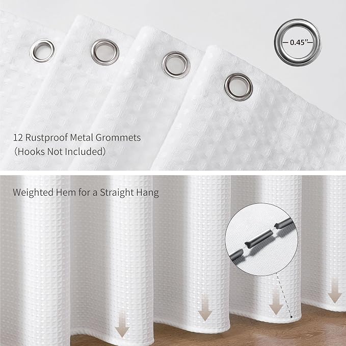 White 256GSM Heavy Duty Waffle Weave Shower Curtain, 72"x72" | with Weighted Hem & Rustproof Metal Grommets - Hotel Spa Luxury Water-Repellent Polyester Bath Curtain for Home,RV,Apartment