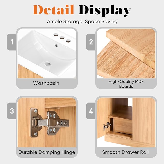 Sweetcrispy 24" Modern Bathroom Vanity with Ceramic Basin, Undermount Vanity Sink Cabinet with 2 Doors and 1 Inner Drawer, Free Standing Bathroom Storage Cabinet with Sink Combo Set, Classic Wood