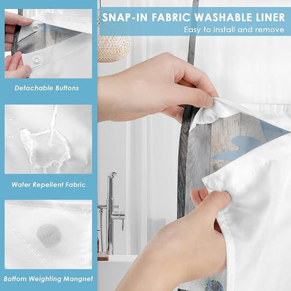 No Hook Shower Curtain with Snap in Liner 71x86 Inch Blue Daisy | Farmhouse Rustic Butterfly Modern Double Layers Waterproof Fabric with See Through Top Window Open Grommet Bath Curtain