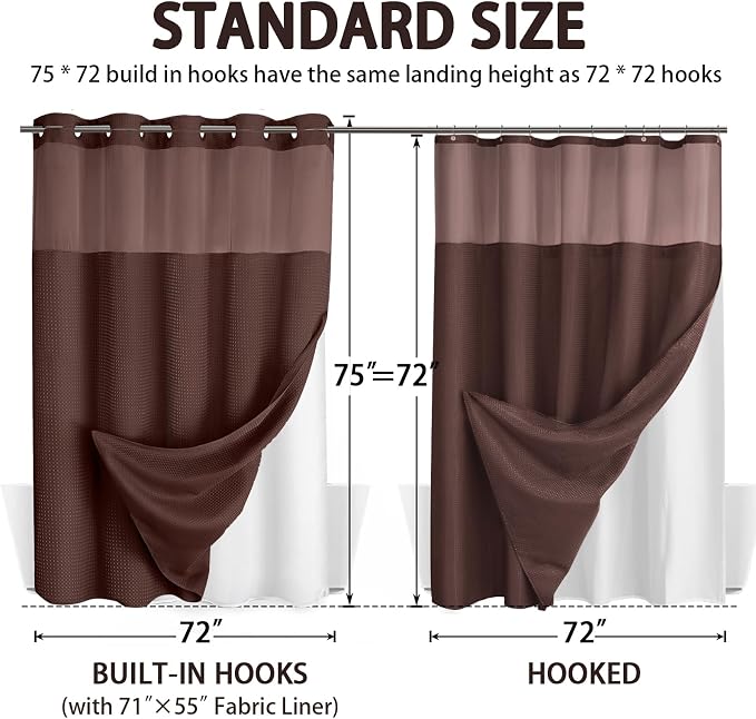 No Hook Shower Curtain and Liner Set,Brown Hotel Waffle Shower Curtain with Liner 75" L x 72" W