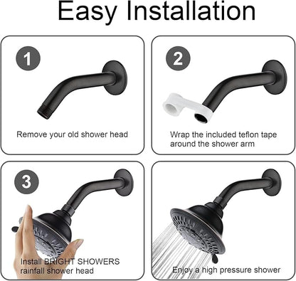 BRIGHT SHOWERS High Pressure Rain Shower Head, Fixed Shower Head with 5 Spray Settings, Adjustable Angle and Anti-Clog Nozzles, Oil Rubbed Bronze