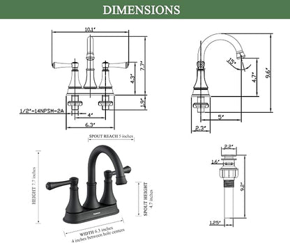Matte Black Bathroom Sink Faucet for 3 Holes with Pop-up Drain | High Arc Modern 2 Handle 4 Inch Bathroom Faucet, Vanity Lavatory Faucet with 360° Swivel Stainless Steel Spout, TAF067Y-MB