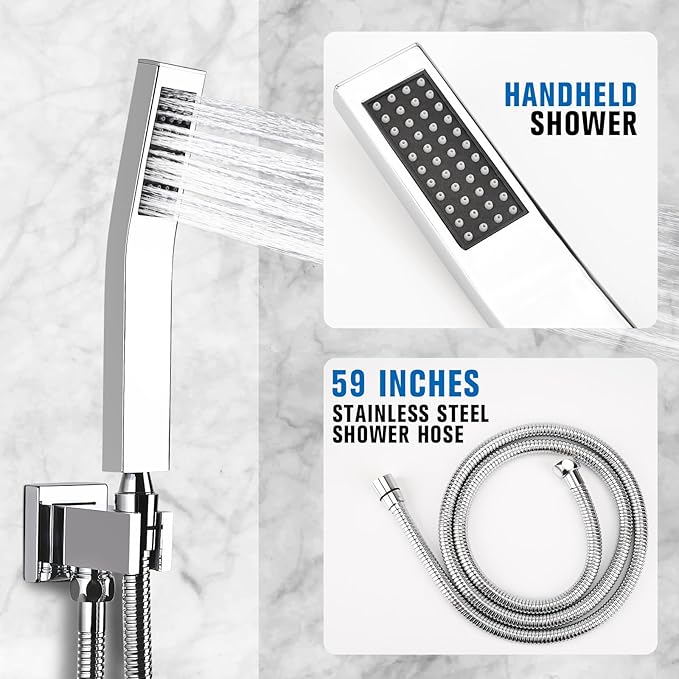 12 Inch Rainfall Shower System with Tub Spout Wall Mounted Complete Combo with Solid Brass Pressure Balancing Valve, High Pressure Shower Head, Handle Set & Installation Accessories Chrome