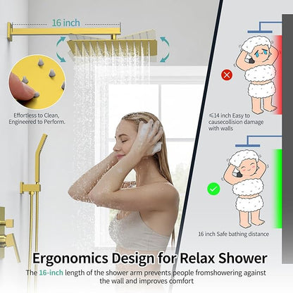 SR SUN RISE 12 Inches Bathroom Luxury Rain Mixer Shower Combo Set Wall Mounted Rainfall Shower Head System Brushed Nickel Finish Shower Faucet Rough-In (12 Inch, Brushed Gold)