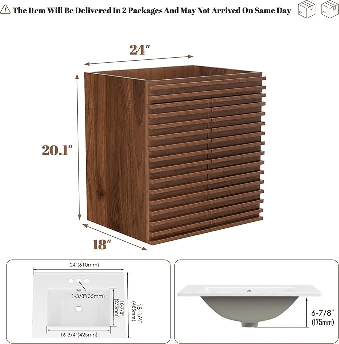ROOMTEC 24" Bathroom Vanity, Mid-Century Wall Mounted Floating Cabinet with 2 Closing Doors, Wood Grain Texture, Walnut (Sink Basin Not Included)