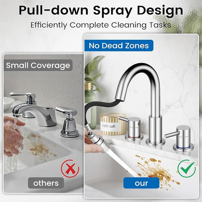 Pull-Down Bathroom Faucet 3 Hole 8 Inch with Pop-Up Drain,Chrome | 360° Swivel Spoutr & Dual Modes,8" Widespread 2-Handle, Pop-Up Drain & 10-Min Install for 3-Hole Bathroom Sink Faucets.