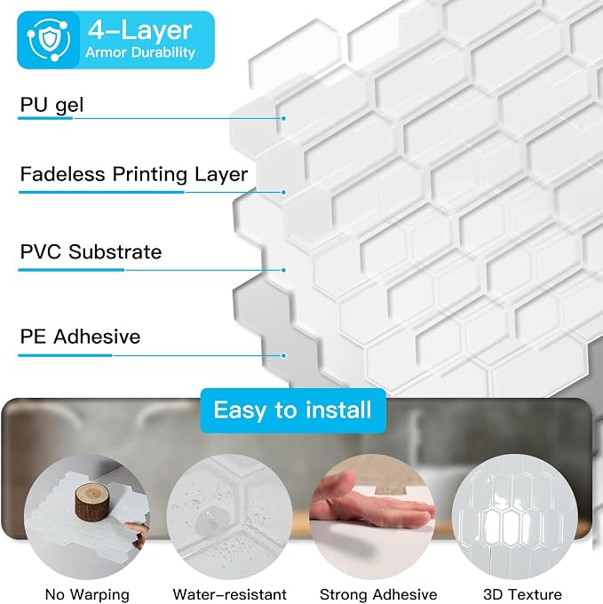 Art3d Hexagon Tile Peel and Stick Backsplash, 10-Pack, 12 x 12 Inch, White | Superior Thickness, Reliable Adhesion, Warp Resistant, Minimalist Style, Easy to Install, for Kitchen Countertops, Bedroom