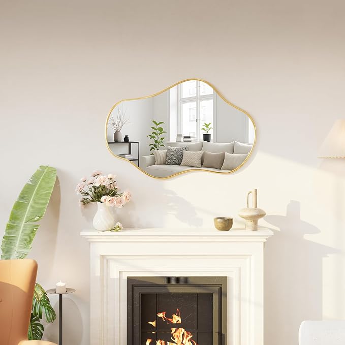 Irregular Wall Mirror, 24"x36" Asymmetrical Mirror with Metal Frame, Decorative Wall Mirror for Entryway Bathroom Living Room Bedroom, Horizontal or Vertical Hanging