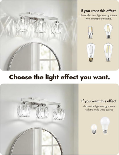 VOLISUN Crystal Vanity Lights for Bathroom, 3 Light Bathroom Vanity Light, Modern Stainless Steel Bathrooms Lights Over Mirror, Chrome Bathrooms Lights Fixtures-UL Certificated(Exclude Bulb)
