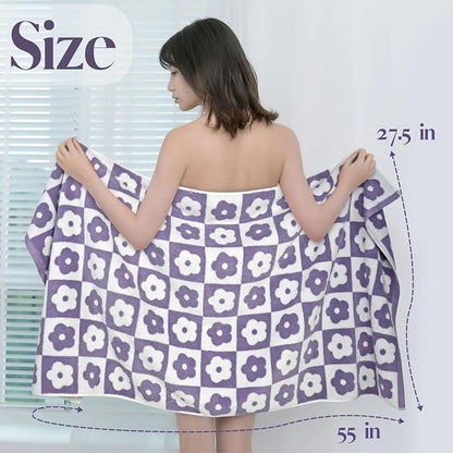 2-Pieces Luxury Bath Towels Checkered Floral, Purple Towels for Women Girls | Shower Body 27.5x55 Inches, Cute Bathroom Decor, Cotton