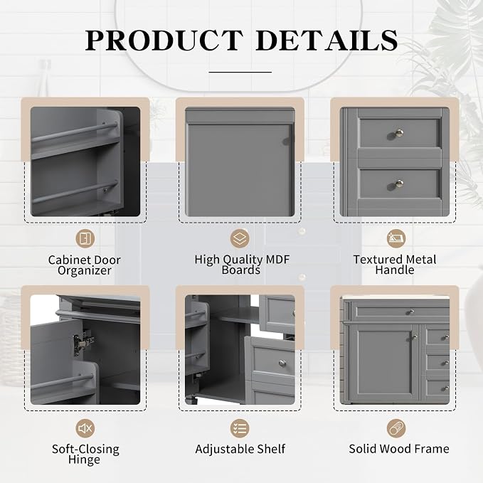 Merax 36'' Bathroom Vanity Without Top Sink, Solid Rubberwood Frame Cabinet | Modern Bathroom Vanity Storage Cabinet with 2 Drawers, Tip-out Drawer, Adjustable Shelf, Soft Closing Doors, Grey