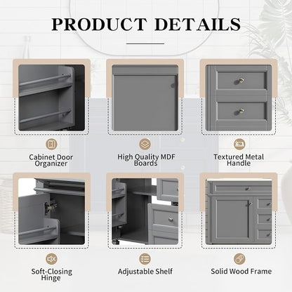 Merax 36'' Bathroom Vanity Without Top Sink, Solid Rubberwood Frame Cabinet | Modern Bathroom Vanity Storage Cabinet with 2 Drawers, Tip-out Drawer, Adjustable Shelf, Soft Closing Doors, Grey