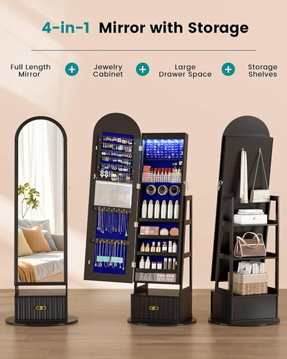Vlsrka Arched LED Mirror Jewelry Cabinet with Full Length Mirror, Black | Lockable Jewelry Armoire Cabinet, 360° Swivel Jewelry Organizer with Drawer Storage, Foldable Makeup Shelf, 2 Rear Hooks