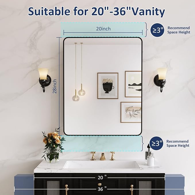 Medicine Cabinet Mirror 20x28 Inch, Black Bathroom Mirror Cabinet with Stepless Adjustable Shelves, Rounded Rectangle Metal Framed, Bathroom Mirror with Storage Recessed or Wall Mount