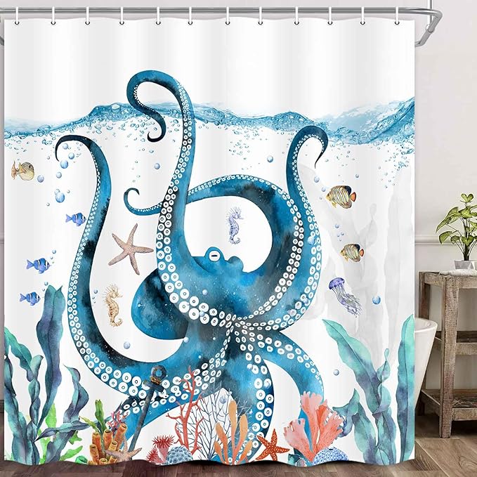 Nautical Octopus Shower Curtain Funny Ocean Beach Sea Monster Animal Waterproof Fabric Bath Curtain Decor Unique Novelty Bathroom Accessories with Hooks Set 72X72 Inch