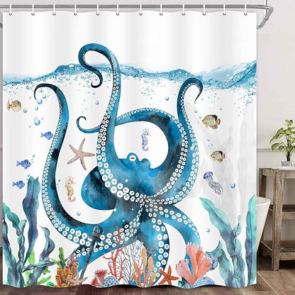 Nautical Octopus Shower Curtain Funny Ocean Beach Sea Monster Animal Waterproof Fabric Bath Curtain Decor Unique Novelty Bathroom Accessories with Hooks Set 72X72 Inch