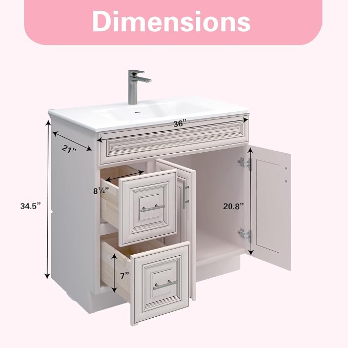 36” Antique White Bathroom Vanity Base – Ready-to-Assemble Sink Cabinet with Drawers, Raised Panel Storage, Base Only, No Top or Sink