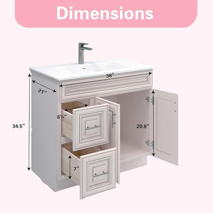 36” Antique White Bathroom Vanity Base – Ready-to-Assemble Sink Cabinet with Drawers, Raised Panel Storage, Base Only, No Top or Sink