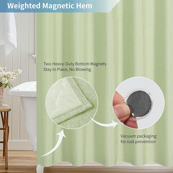 Waterproof Fabric Shower Curtain,No Liner Needed,72x72,Green | 2-in-1 Design,Linen Textured,100% Waterproof TPU-Laminated Backing,Magnetic Weighted,Machine Washable,For Bathroom,Hotel