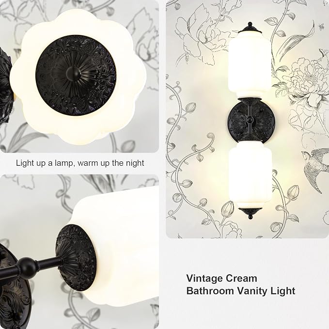 Vintage Milk Glass Bathroom Vanity Light, 2-Light Vintage Wall Sconce with Antique Brass Finish Base & White Glass Shad, Wall Sconce Lighting for Mirror, Living Room, Gallery (Bulbs Included)