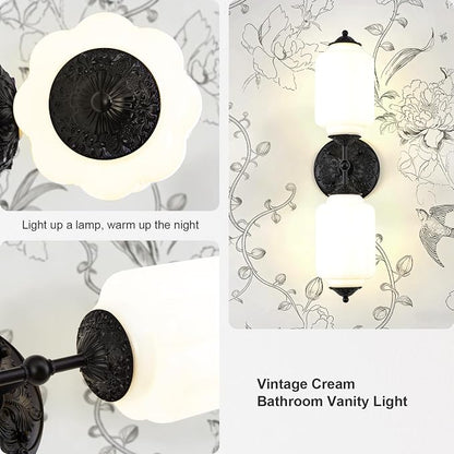 Vintage Milk Glass Bathroom Vanity Light, 2-Light Vintage Wall Sconce with Antique Brass Finish Base & White Glass Shad, Wall Sconce Lighting for Mirror, Living Room, Gallery (Bulbs Included)