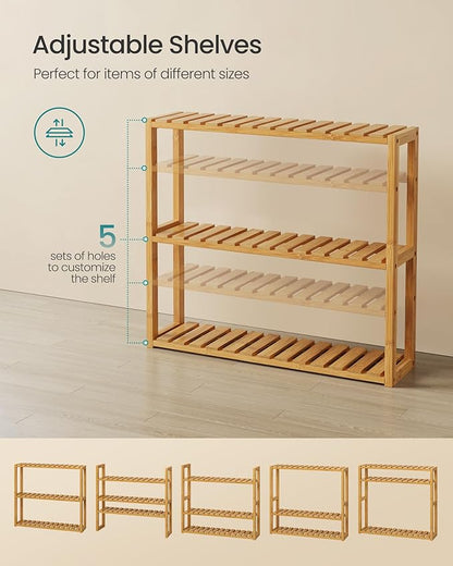 SONGMICS Bamboo Bathroom Shelf, 3-Tier Adjustable Plants Rack, Wall-Mounted or Stand, in the Living Room, Balcony, Kitchen, 5.9 x 23.6 x 21.3 Inches, Natural UBCB13Y