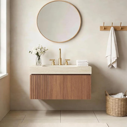 30 Inch Floating Bathroom Vanity with Sink, Plywood Bathroom Storage Cabinet with Drawer and Door, Light Yellow Sintered Stone Top with 3 Pre-drilled Faucet Holes White Basin, Pre-Assembled, Light Oak