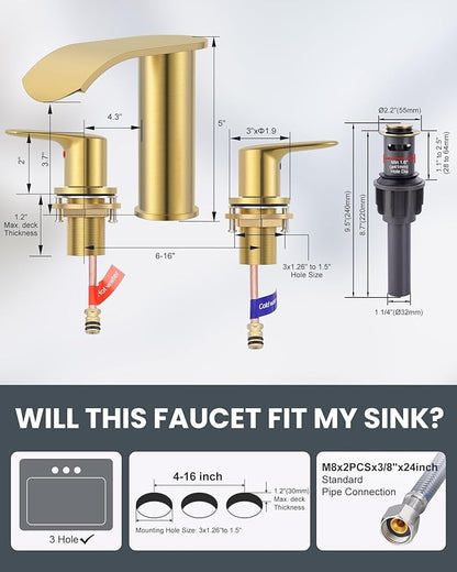 WOWOW Waterfall Bathroom Faucet 3 Holes 8Inch Widespread Bathroom Sink Faucet, Two Handles Lavatory Vanity Sink Faucets with Pop-up Drain & Supply Hoses, Modern Faucet Mixer Taps Gold