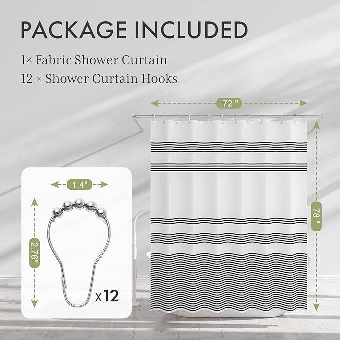 AmazerBath Long Shower Curtain, 72x78 Striped Black Fabric Shower Curtain Set with 12 Shower Curtain Hooks, Rustic Cloth Black and White Shower Curtain, Farmhouse Bathroom Shower Curtain Sets