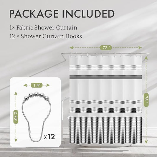 AmazerBath Long Shower Curtain, 72x78 Striped Black Fabric Shower Curtain Set with 12 Shower Curtain Hooks, Rustic Cloth Black and White Shower Curtain, Farmhouse Bathroom Shower Curtain Sets