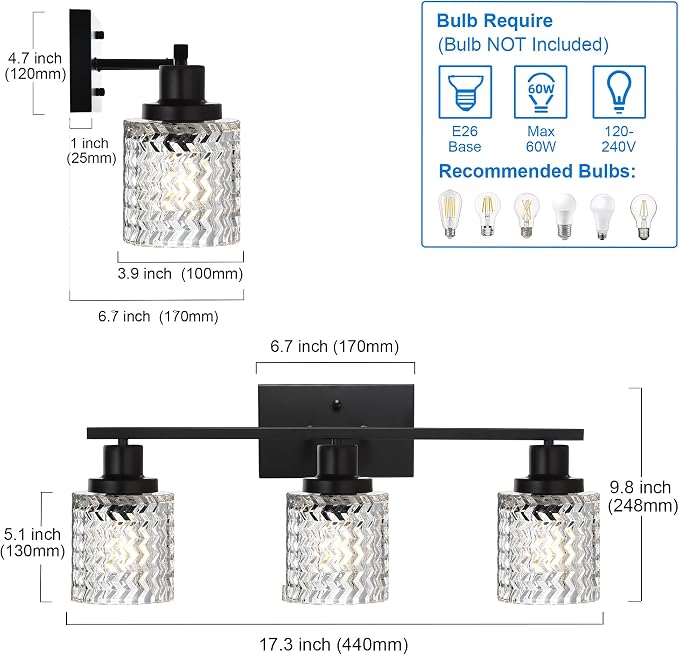 MELUCEE 3 Lights Modern Bathroom Light Fixtures Black Vanity Lights | Indoor Wall Mounted Light with Hammered Glass Shade Suitable for Bathroom Living Room Hallway