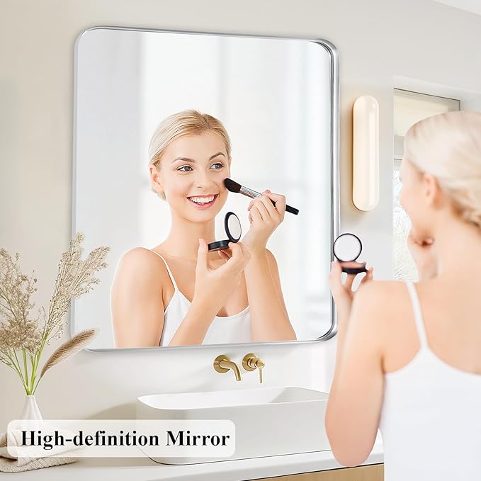 Fabuday Bathroom Mirror with Silver Frame - 30x30 Inch Over Sink Rectangle Mirror for Bathroom, Wall Mounted Chrome Mirrors for Vanity, Farmhouse Decor, Matte Finish, Horizontal or Vertical Hanging