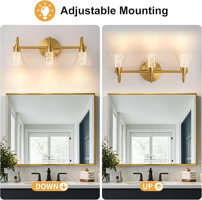 WILON Bathroom Vanity Light, 3-Light LED Vanity Light Fixtures Over Mirror | Gold Bathroom Light Fixtures with 5 Color Modes 2700K-6500K, Crystal Column