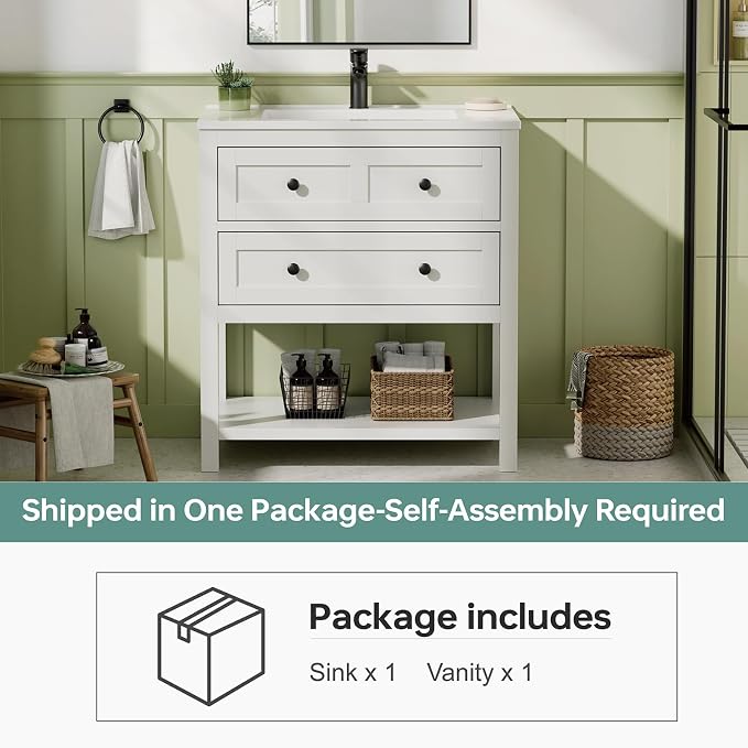 30 Inch Bathroom Vanity with Sink, White | Farmhouse Storage Cabinet with SMC Integrated Sink, Drawers & Open Storage Shelf, Easy Assembly & Adjustable Feet