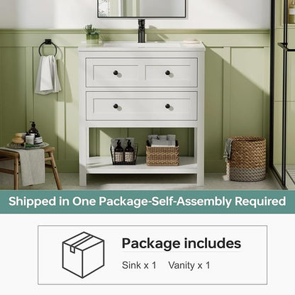 30 Inch Bathroom Vanity with Sink, White | Farmhouse Storage Cabinet with SMC Integrated Sink, Drawers & Open Storage Shelf, Easy Assembly & Adjustable Feet