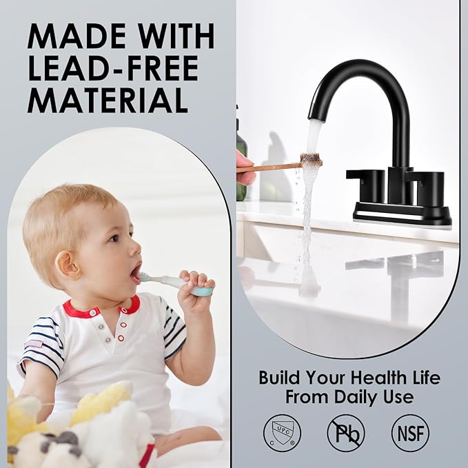 Two Handle 4 inch Black Bathroom Faucet, Bathroom Sink Faucet for 3 Holes with Pop-up Drain and 2 Supply Hoses, Lead-Free