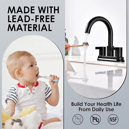 Two Handle 4 inch Black Bathroom Faucet, Bathroom Sink Faucet for 3 Holes with Pop-up Drain and 2 Supply Hoses, Lead-Free