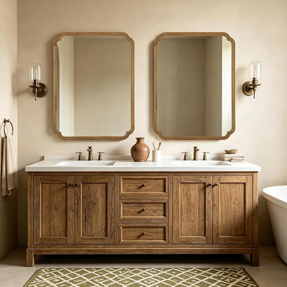 36" x 48" Wood Bathroom Mirror for Wall Mounted, Rustic Rounded Corner Wood Frame Wall Mirror for Entryway, Living Room or Bedroom Home Decorative, Natural