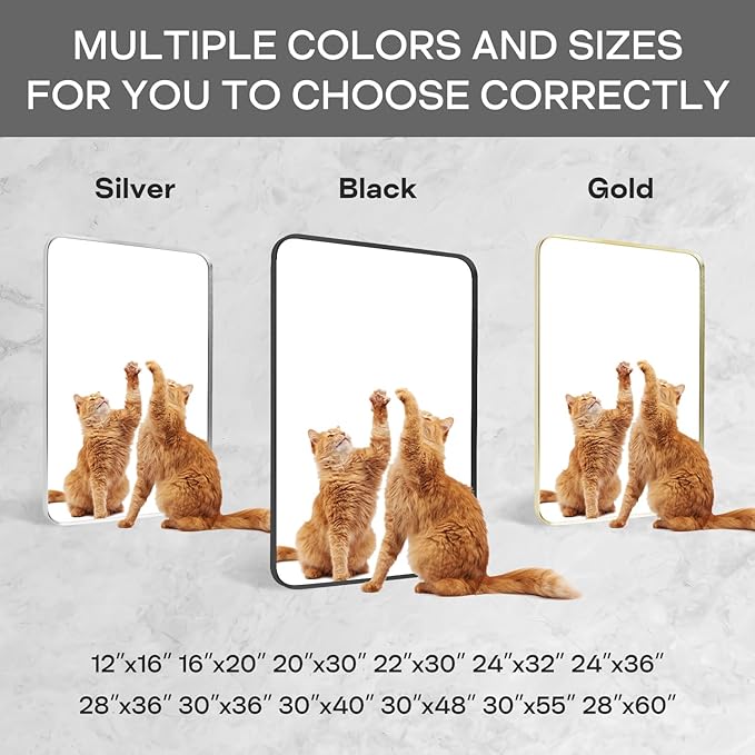 Silver Bathroom Mirror 28x60in, Metal Framed Rounded Rectangle | Tempered Glass, Shatter Proof, Anti-Rust Frame, Hangs Horizontal or Vertical