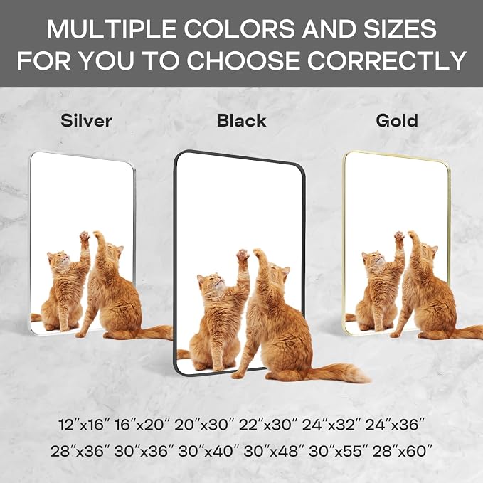 Gold Bathroom Mirror 28x60in, Metal Framed Rounded Rectangle Wall | Tempered Glass, Anti-Rust Frame, Hangs Horizontal or Vertical, HD Reflection Clarity