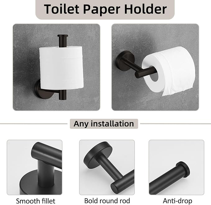 5-Pieces Bathroom Hardware Set, SUS304 Stainless Steel Towel Rack Set, 16" Hand Towel Rack, Toilet Paper Rack, 3 Bathrobe Towel Hooks, Bathroom Accessories, Towel Rack Set(Matte Black)