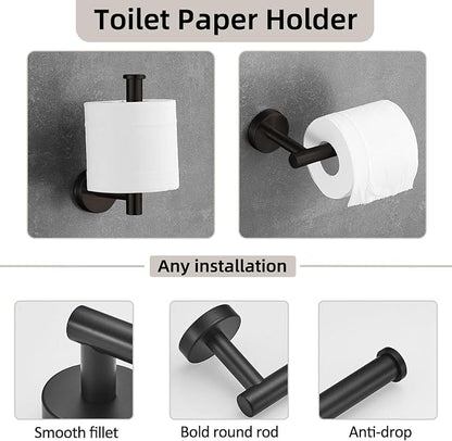 5-Pieces Bathroom Hardware Set, SUS304 Stainless Steel Towel Rack Set, 16" Hand Towel Rack, Toilet Paper Rack, 3 Bathrobe Towel Hooks, Bathroom Accessories, Towel Rack Set(Matte Black)