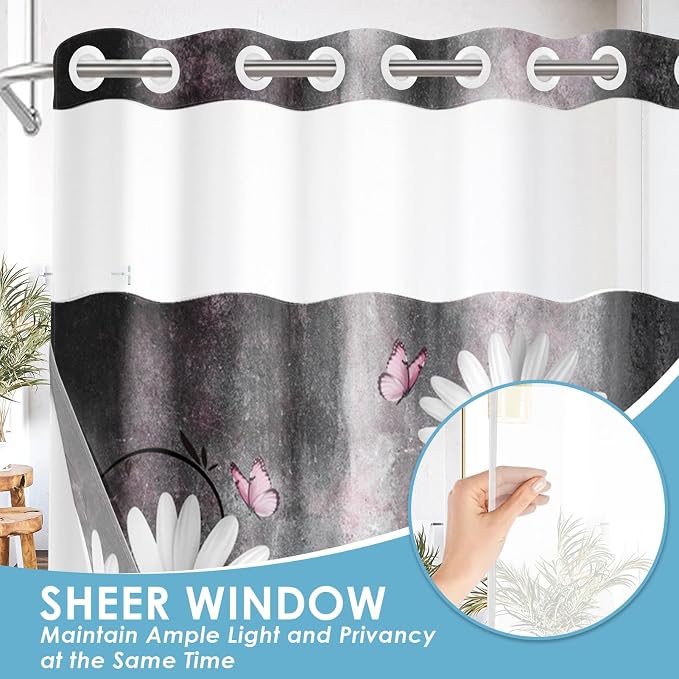 No Hook Shower Curtain with Snap in Liner 71x74 Inch Daisy Grey | Farmhouse Pink Butterfly Modern Double Layers Waterproof Fabric with See Through Top Window Open Grommet Bath Curtain