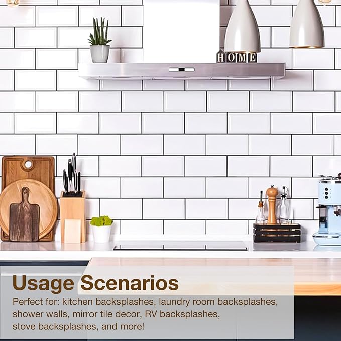 Peel and Stick Backsplash Tile for Kitchen & Bathroom Walls (White, 10 Tiles - 9.7 sq. ft. (0.9 m²))