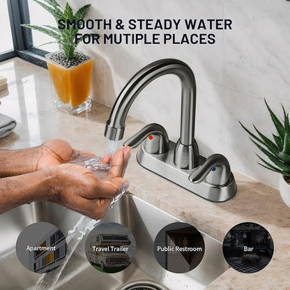 Bathroom Sink Faucet for 3 Hole, 4 Inch Stainless Steel Faucet for Bathroom, Bathroom Faucets with Deck Plate & Pop-Up Pop-Up Drain Assembly 2-Handle Faucet for Bathroom Sink Vanity RV Restroom