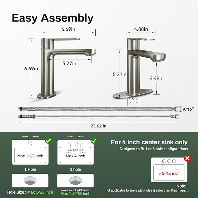 Brushed Nickel Bathroom Faucet 1 or 3 Hole with Deck Plate, Leak-Free Ceramic Cartridge, Spot-Free Finish, Water-Saving Aerator, Easy Install, Modern Sink Faucet for Vanity, Restroom, Bathroom&Vessel