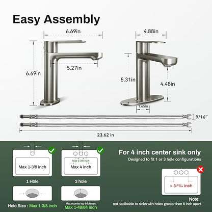 Brushed Nickel Bathroom Faucet 1 or 3 Hole with Deck Plate, Leak-Free Ceramic Cartridge, Spot-Free Finish, Water-Saving Aerator, Easy Install, Modern Sink Faucet for Vanity, Restroom, Bathroom&Vessel
